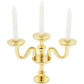 Gold 1/12 Miniature Candlestick Candelabra with Candles Dollhouse Accessories, 3-arms