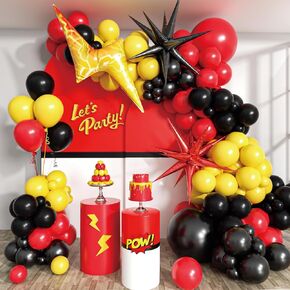 124PCS Black, Red, Yellow Cartoon-Theme Balloon Arch for Boys Party Decorations, Star Burst Balloons & Glue Included
