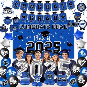 Graduation Decorations Class of 2025, Blue Themed 2025 Graduation Party Decorations Include Graduation Banner, Grad Backdrop, Balloons Kit, Foil Number 2025 for Congrats Grad Party Supplies