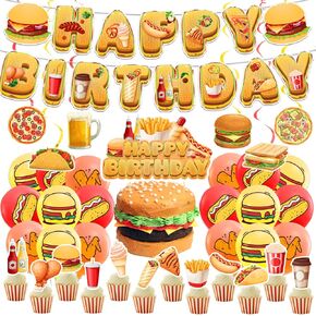 Fast Food Party Decorations French Fries Pizza Hamburger Fried Chicken Hot Dog Party Supplies Includes Birthday Banner Cake Cupcake Toppers Spirals Balloons for Fast Food Birthday Decorations