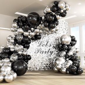 147pcs Black and Silver Balloons Garland Arch Kit, 18 12 10 5 inch Metallic Sliver and Black Balloons for Birthday Graduation Baby Shower Disco New Years Party Decorations