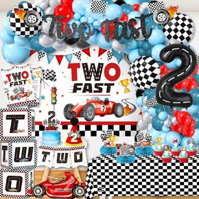 Two Fast Birthday Decor, Race Car Party Supplies Balloon Arch Baby Boy 2nd Birthday Decorations Racing Birthday High Chair Banner Crown Cake Toppers 2 Foil Balloon Tablecloth Decorations for Boy