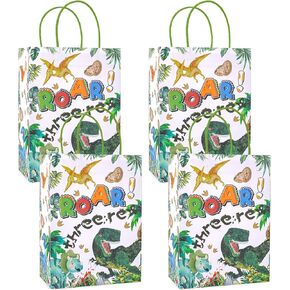 16 PCS Dinosaur Higorts Homps Bag- 3 RD Three Rex Goodies Facs with Wrap Paper Greating ، Green Dino Treat Favor Forms for 3 Years Boys Party (5.91 × 3.15 × 8.27 inches)