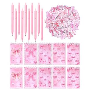 Liobelon 123 Pieces Bow Party Favors Coquette Pink Bow Spiral Notebook Cute Journal Ballpoint Pens Bow Stickers Set Pink Office Supplies for Bow Themed Birthday Party Supplies School Stationery Supply