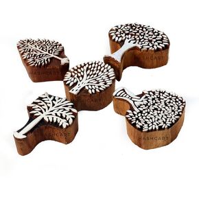 HASHCART® Wooden Pottery Stamps for Block Printing Stylish Tree Design Wooden Stamps (Set of 5) - Wood Block Stamps for Crafting on Fabric, Clay & Henna Tattoo
