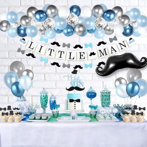 Little Man Baby Shower Decorations For Boy, Little Man Birthday Party Decorations Supplies, LITTLE MAN Banner, Blue and Silver Balloons Garland Kit, Mustache Cake Topper