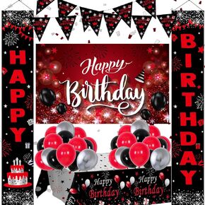 Red and Black Party Decorations, Red Birthday Decorations for Men Women, Happy Birthday Decorations for Boys Happy Birthday Banner Photo Backdrop Porch Sign Tablecloth Bday Party Balloons