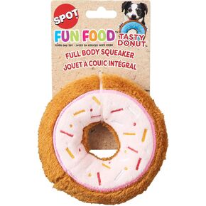 SPOT Fun Food Tasty Donut- Plush Chew Toy with Self Healing Squeaker for Medium and Large Dogs and Puppies, 9inch, Assorted Styles, 1 Piece
