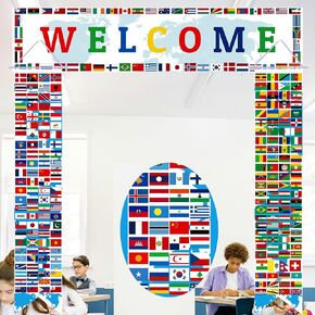3pcs Over 200 International Flag Banner 71 Inch Classroom Welcome Banner Country Flags World Flag Bunting Porch Sign for Sports Events Soccer Birthday Party Supplies (Blue)