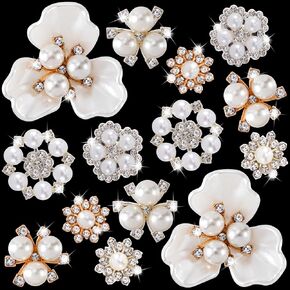 14pcs Sparkle Flower Pearl Button Set, Alloy, Faux Pearls, Rhinestones, Wedding Party Clothes Bags Decoration