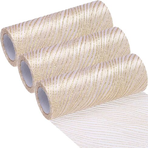 Sea Team 6-Inch-Wide Sheer Glitter Yarn Ribbon, Decorative Mesh Ribbon for Christmas Trees, Wreaths, Garlands, Art Crafts, Seasonal Decorations (3-Pack, 10-Yard/Pack, Champagne) in Kuwait