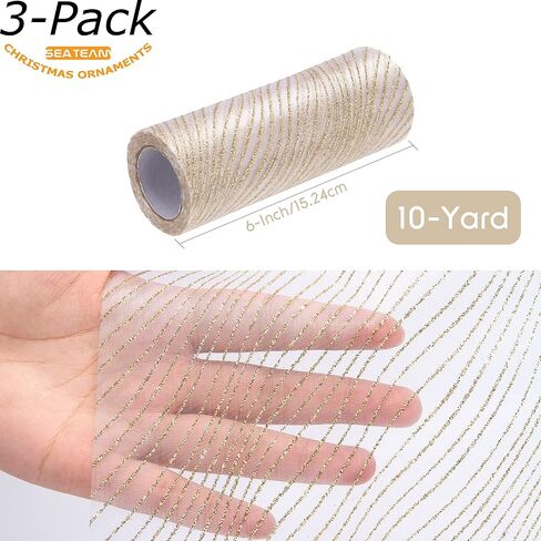 Sea Team 6-Inch-Wide Sheer Glitter Yarn Ribbon, Decorative Mesh Ribbon for Christmas Trees, Wreaths, Garlands, Art Crafts, Seasonal Decorations (3-Pack, 10-Yard/Pack, Champagne) in Kuwait