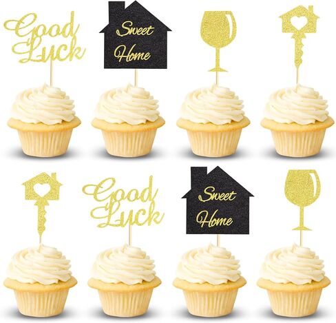 48pcs Home Cupcake Topcake Gold Glitter Housewarming Cupcake يختار هدية Housewarming هدية منزل جديد بيع Key Cake Topper Sweet Home Sign New Home Party Supply in Kuwait