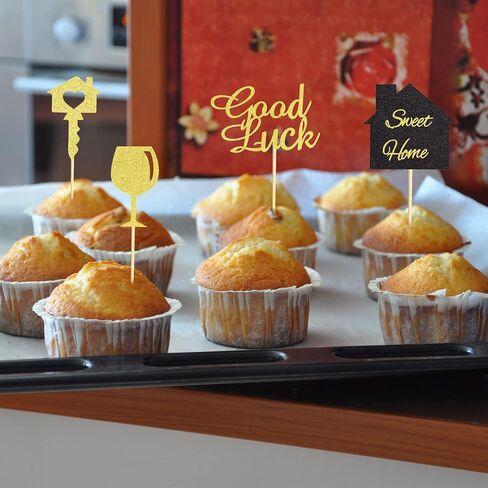 48pcs Home Cupcake Topcake Gold Glitter Housewarming Cupcake يختار هدية Housewarming هدية منزل جديد بيع Key Cake Topper Sweet Home Sign New Home Party Supply in Kuwait