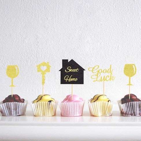 48pcs Home Cupcake Topcake Gold Glitter Housewarming Cupcake يختار هدية Housewarming هدية منزل جديد بيع Key Cake Topper Sweet Home Sign New Home Party Supply in Kuwait