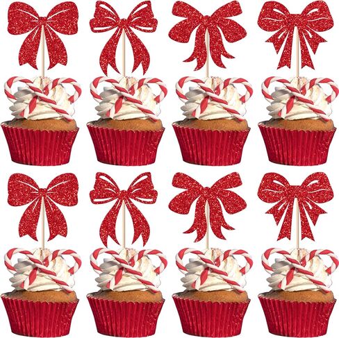 Rsstarxi 24 Pack Christmas Bowknot Cupcake Toppers Xmas Red Bow Themed Birthday Cupcake Picks Decorations for Christmas Party New Year Ceremony Bridal Shower Birthday Party Cake Decorations in Kuwait