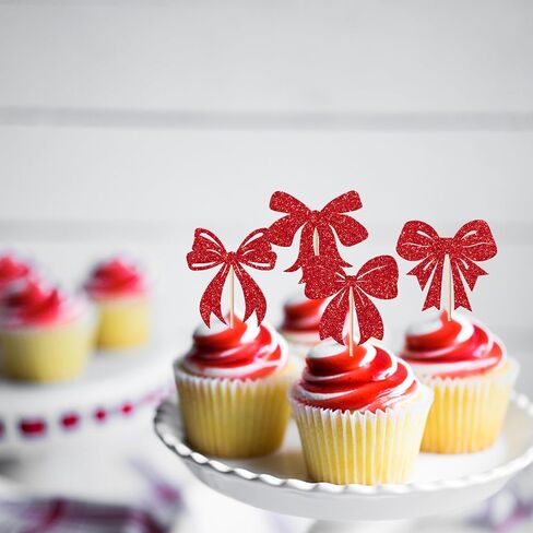 Rsstarxi 24 Pack Christmas Bowknot Cupcake Toppers Xmas Red Bow Themed Birthday Cupcake Picks Decorations for Christmas Party New Year Ceremony Bridal Shower Birthday Party Cake Decorations in Kuwait