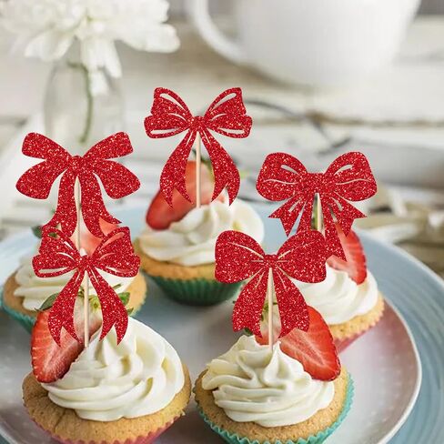 Rsstarxi 24 Pack Christmas Bowknot Cupcake Toppers Xmas Red Bow Themed Birthday Cupcake Picks Decorations for Christmas Party New Year Ceremony Bridal Shower Birthday Party Cake Decorations in Kuwait