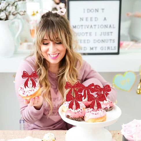 Rsstarxi 24 Pack Christmas Bowknot Cupcake Toppers Xmas Red Bow Themed Birthday Cupcake Picks Decorations for Christmas Party New Year Ceremony Bridal Shower Birthday Party Cake Decorations in Kuwait