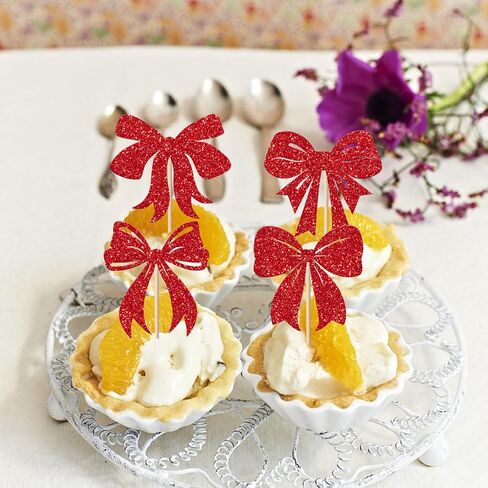 Rsstarxi 24 Pack Christmas Bowknot Cupcake Toppers Xmas Red Bow Themed Birthday Cupcake Picks Decorations for Christmas Party New Year Ceremony Bridal Shower Birthday Party Cake Decorations in Kuwait