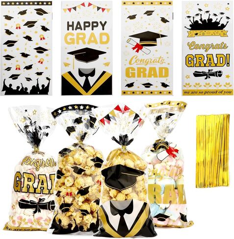 Leislam Graduation Treat Bags, Graduation Cellophane Treat Bags, 200 PCS Graduation Gift Bags, Graduation Cello Candy Cookie Bags with 200 Pcs Gold Ties for Graduation Party Favors Supplies, 4 Styles in Kuwait