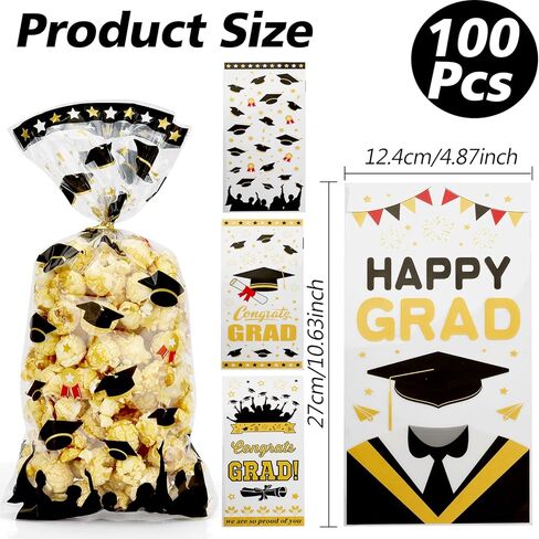 Leislam Graduation Treat Bags, Graduation Cellophane Treat Bags, 200 PCS Graduation Gift Bags, Graduation Cello Candy Cookie Bags with 200 Pcs Gold Ties for Graduation Party Favors Supplies, 4 Styles in Kuwait