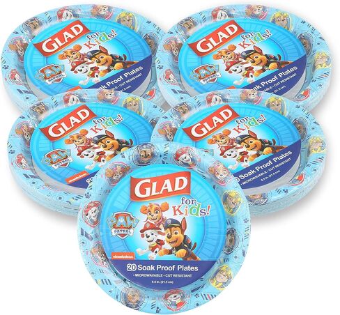 Glad for Kids 8 1/2" Paper Plates, Small Blue Round with Paw Patrol Design, Heavy Duty Disposable Soak Proof Microwavable, Core Pups Blue, 8.5", Pack of 100 in Saudi Arabia