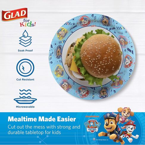 Glad for Kids 8 1/2" Paper Plates, Small Blue Round with Paw Patrol Design, Heavy Duty Disposable Soak Proof Microwavable, Core Pups Blue, 8.5", Pack of 100 in Saudi Arabia