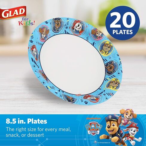 Glad for Kids 8 1/2" Paper Plates, Small Blue Round with Paw Patrol Design, Heavy Duty Disposable Soak Proof Microwavable, Core Pups Blue, 8.5", Pack of 100 in Saudi Arabia