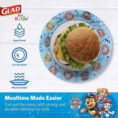 Glad for Kids 8 1/2" Paper Plates, Small Blue Round with Paw Patrol Design, Heavy Duty Disposable Soak Proof Microwavable, Core Pups Blue, 8.5", Pack of 100 in Saudi Arabia