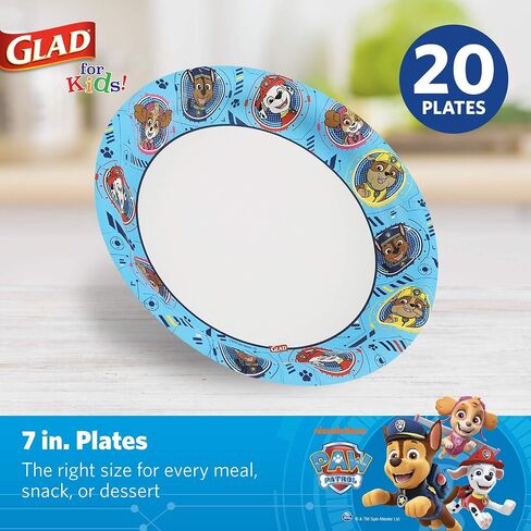 Glad for Kids 8 1/2" Paper Plates, Small Blue Round with Paw Patrol Design, Heavy Duty Disposable Soak Proof Microwavable, Core Pups Blue, 8.5", Pack of 100 in Saudi Arabia