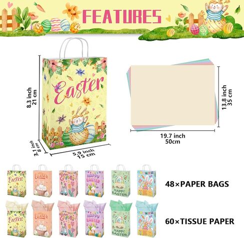 24pcs Happy Easter Gift Bags with 36pcs Purple Green Yellow Pink Tissue Paper, Goodie Bags, Gift Egg Container, Easter Candy Bags, Gift Bags for Kids, Treat Bags for Egg Hunt, Birthday Party Decor in Kuwait