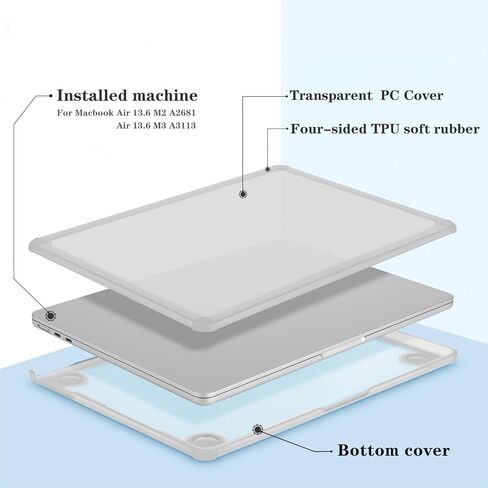 بالنسبة إلى MacBook Air 13.6 بوصة Case 2024-2022 M3 A3113 M2 A2681 حالة واقية ، وغطاء مقاوم للصدمات الربعة ذات الربعة مع فيلم شاشة ولوحة المفاتيح وغطاء لوحة اللمس والكاميرا ، والشفافة in Kuwait