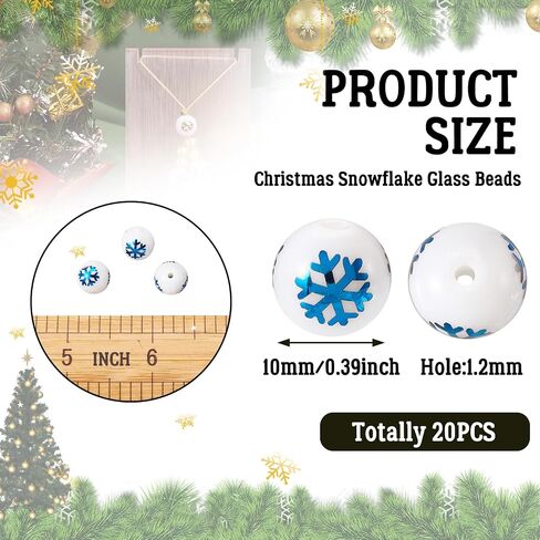 Beadthoven 20pcs Christmas Snowflake Beads 10mm White Round Glass Beads Xmas Snowflake Beads Loose Bubblegum Beads Spacers for Jewelry Making Bracelet Necklace Christmas Ornaments DIY Crafts Supplies in Kuwait