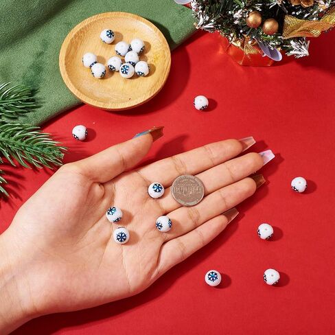Beadthoven 20pcs Christmas Snowflake Beads 10mm White Round Glass Beads Xmas Snowflake Beads Loose Bubblegum Beads Spacers for Jewelry Making Bracelet Necklace Christmas Ornaments DIY Crafts Supplies in Kuwait