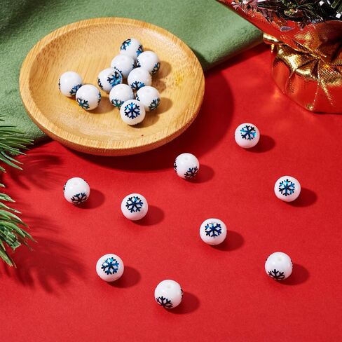 Beadthoven 20pcs Christmas Snowflake Beads 10mm White Round Glass Beads Xmas Snowflake Beads Loose Bubblegum Beads Spacers for Jewelry Making Bracelet Necklace Christmas Ornaments DIY Crafts Supplies in Kuwait