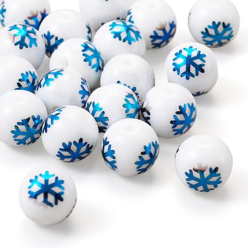 Beadthoven 20pcs Christmas Snowflake Beads 10mm White Round Glass Beads Xmas Snowflake Beads Loose Bubblegum Beads Spacers for Jewelry Making Bracelet Necklace Christmas Ornaments DIY Crafts Supplies in Kuwait