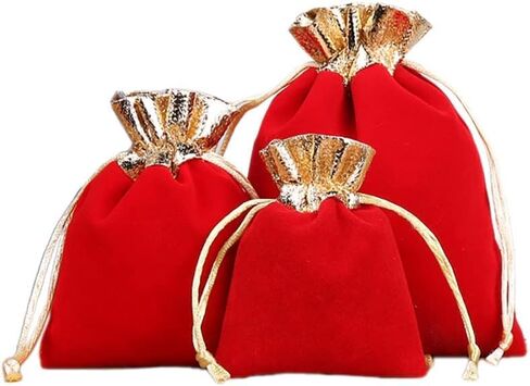 10Pcs Red Velvet Bags with Drawstrings Gold Trim Velvet Jewelry Pouches for Jewelry Wedding Candy Birthday Christmas Gift bags(3x4 inch) in Saudi Arabia