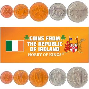 6 Coins from Ireland | Irish Coin Set Collection 1/2 leat pingin 1 Pingin 3d Leat Reul 6d Reul 1 Scilling 2s floirin | Circulated 1939 - 1969 | Bull | Swine | Irish Wolfhound | Hen | Salmon | Hare | Celtic Harp