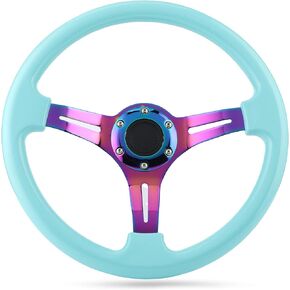 Qiilu 14" Steering Wheel, Universal Drifting Deep Dish Racing Steering Wheel 14 inch/350mm 6 Bolts Grip with Horn Button for Car Light Blue