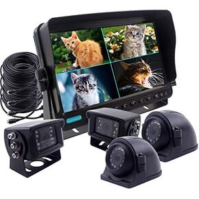 Heavy Vehicle Safety Camera System 9 inch Monitor with Quad Split Screen, 2 x Side Cameras + 2 x Backup Camera, Colour IP69K &10G Vibration Side Camera Backup Camera Rear View Camera System
