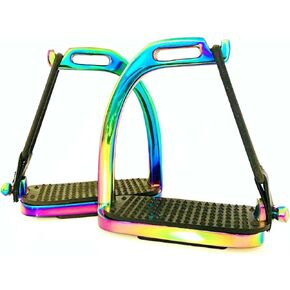 Peacock Rainbow Gloss Safety Stirrups Horse Riding S Steel with TREADS