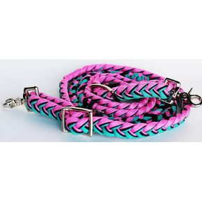 CHALLENGER Horse Roping Knotted Tack Western Barrel Reins Nylon Braided Pink Turq 607485