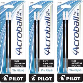 PILOT Acroball PureWhite Advanced Ink Refill For Retractable Pens, Fine Point, Black Ink, 6 Pack
