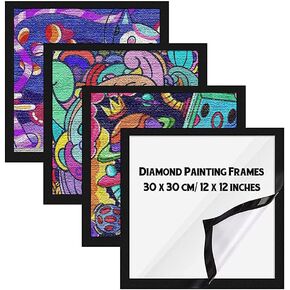 4Pcs Magnetic Black Picture Frames, 12 * 12 Inch Magnetic Diamond Art Frames, Double Sided Sign Holder Frames Self-Adhesive Photo Frame for Wall Office Home Bedroom (Small)
