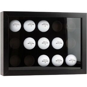 Golf Balls Display Case for 15 Balls, Wooden Case with Acrylic Dust UV Cover, Wall Mount and Freestanding Shadow Box for Glofball Collector Memorabilia Autograph Balls