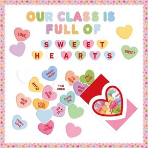 125Pcs Valentine’s Day Conversation Heart Bulletin Board Classroom Decoration Sweet Candy Heart Cutouts Name Tags Border Trim Valentines Party Supplies School Classroom Wall Door Decor
