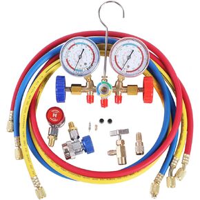 3 Way AC Manifold Gauge Set, HVAC Diagnostic Charging Tool for Auto Household R404A R134A Refrigerant, with 5FT Hose, Adjustable Quick Coupler, Can Tap and Adapter