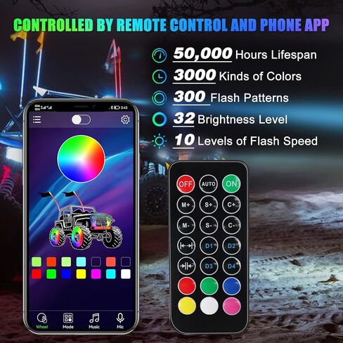 أضواء السوط - AUTOOMMO 2 قطعة 3FT حلزوني RGB LED مطاردة ضوء السوط مع أعلام جمجمة Gadsden الأمريكية عن بعد والتحكم في التطبيق 300 نمط فلاش لشاحنة UTV ATV على الطرق الوعرة، الرمال عربات التي تجرها الدواب الكثبان الرملية RZR Can-Am in Kuwait