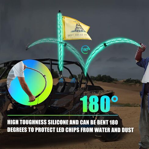 أضواء السوط - AUTOOMMO 2 قطعة 3FT حلزوني RGB LED مطاردة ضوء السوط مع أعلام جمجمة Gadsden الأمريكية عن بعد والتحكم في التطبيق 300 نمط فلاش لشاحنة UTV ATV على الطرق الوعرة، الرمال عربات التي تجرها الدواب الكثبان الرملية RZR Can-Am in Kuwait